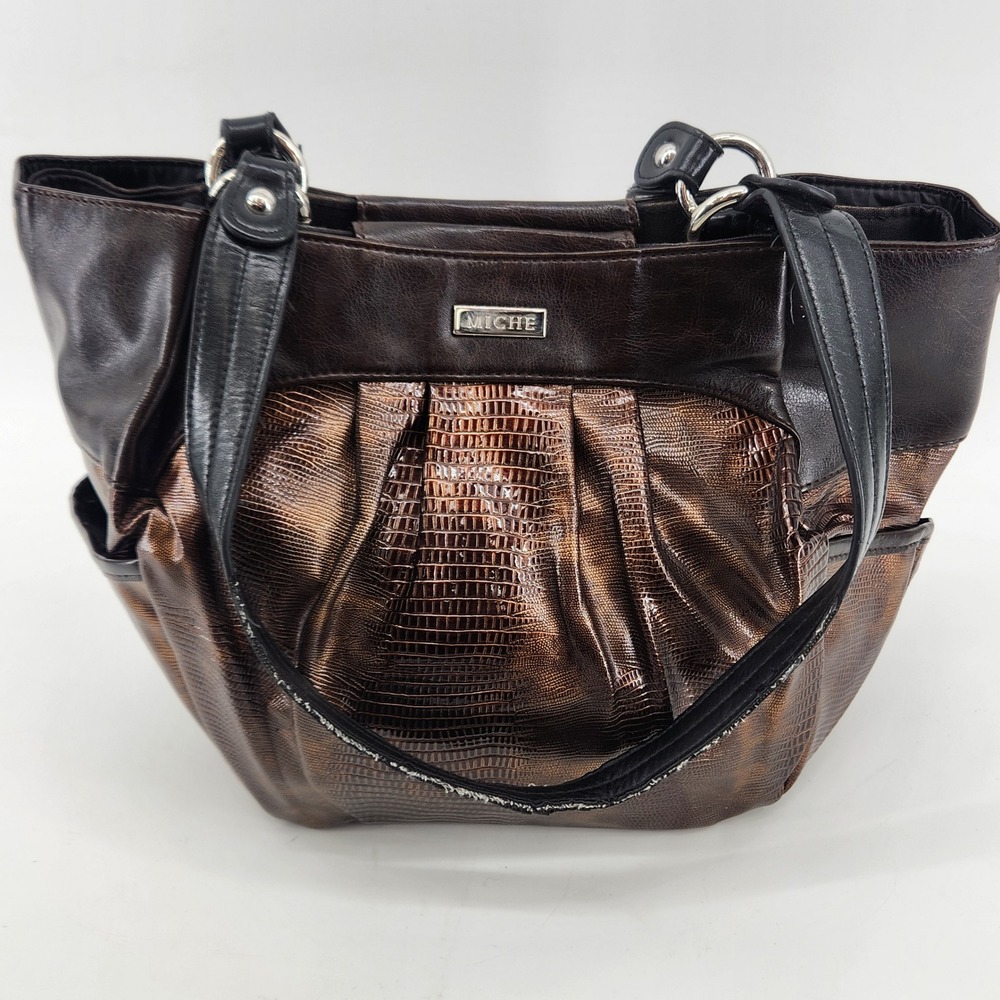 Miche Shell‎ Handbag Set Bronze Snakeskin Look Outer w Black Inner Bag Purse